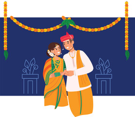Traditional Marathi Wedding Couple Illustration with Garlands A Marathi couple in regional wedding attire, exchanging garlands.