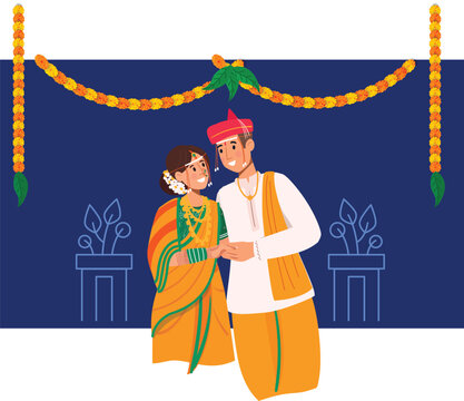 Traditional Marathi Wedding Couple Illustration with Garlands A Marathi couple in regional wedding attire, exchanging garlands.