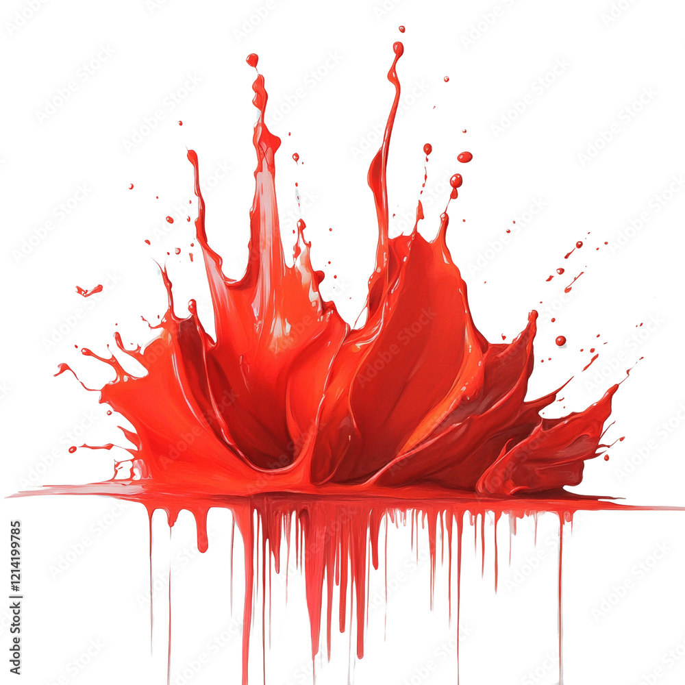 Poster an abstract painting depicts a vibrant red paint splash with dynamic motion and dripping trails agai