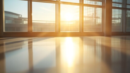 Obraz premium Sunlit Modern Office Space with Large Windows and Reflections on Wooden Floor : Generative AI