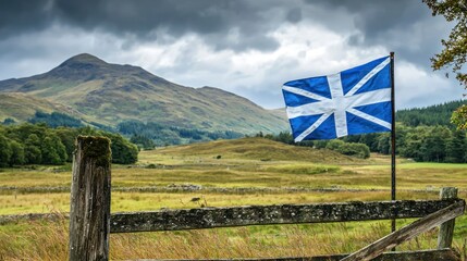 A rural scene in Scotland, with the national flag and the rugged Scottish landscape representing independence and heritage.