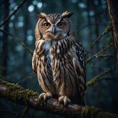 Fototapeta premium A wise-looking owl perched on a branch in a moonlit forest.