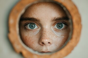 Self-care routines with lotion. Close-up of a girl’s face peering through a circular opening.