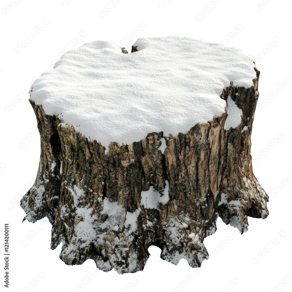 Aufkleber a large tree stump covered in a layer of fresh snow sits against a black background.