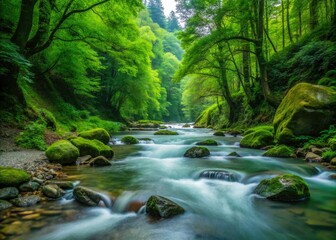 Fototapeta premium Escape to Sochi's Eco Trail: crystal river, lush forest, minimalist hike.