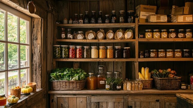 A rustic farm store selling organic goods, with wooden shelves displaying jars of preserves, honey, and fresh vegetables - Powered by Adobe
