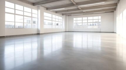Spacious Sunlit Industrial Interior with Large Windows and Concrete Floors : Generative AI