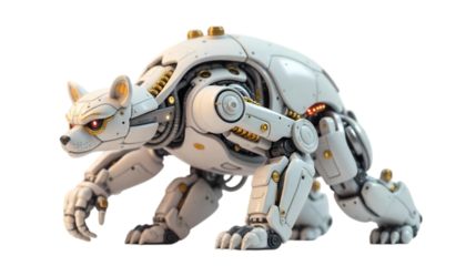 White Robotic Bear with Gold Accents on Black Background
