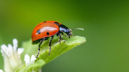 Fototapeta premium Intimate Focus on Red Ladybug on Leaf with Soft Focus Background : Generative AI