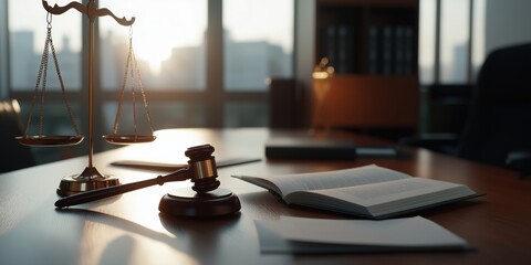 Fototapeta premium A meticulously arranged shot of a gavel, scales of justice, and open law books on a polished mahogany desk, with warm, soft lighting accentuating every detail