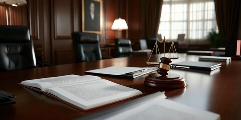 Obraz premium A meticulously arranged shot of a gavel, scales of justice, and open law books on a polished mahogany desk, with warm, soft lighting accentuating every detail
