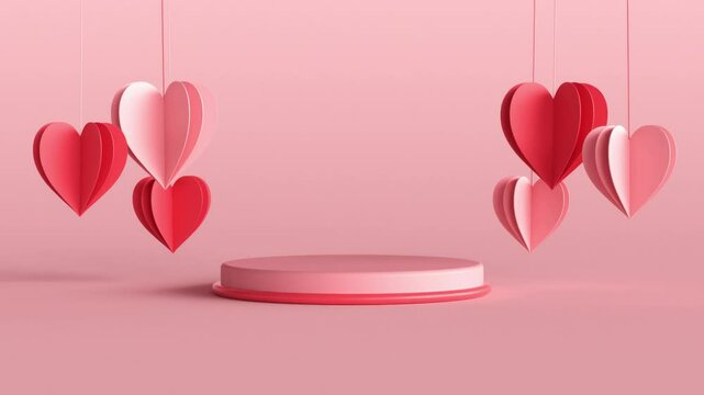 Valentines Day looping video with product display stand and hanging hearts decoration on a pastel pink background in 3D animation