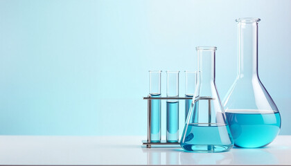 Laboratory glassware with blue liquid against a light background