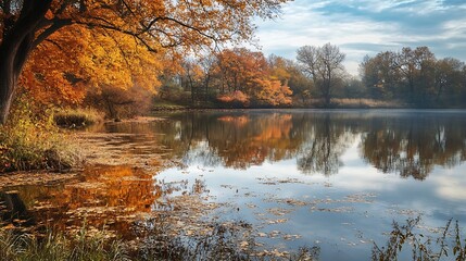 Obraz premium Tranquil Autumn Lakeside Scene with Reflections of Vibrant Trees Under a Cloudy Sky : Generative AI