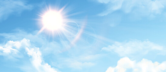 Sun in blue sky with clouds. Sunny summer day background, sunshine in spring cloudy heaven. Sunlight and cumulus effect. Realistic nature sky vector illustration.