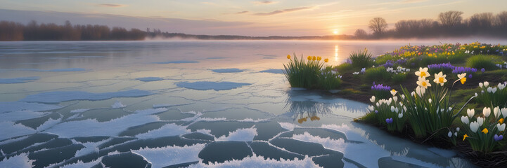 Thawing Ice Lake with Spring Flowers and Misty Morning Light. Perfect for: Earth Day, Spring Equinox, Lakeside Retreats