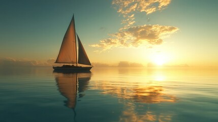 A sailboat gliding across calm, clear waters during a sunset, evoking a sense of smooth sailing and tranquility