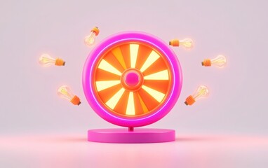 3D cartoon-style illustration of a vibrant pink and orange game wheel with light bulbs around it, isolated on a clean white background. 