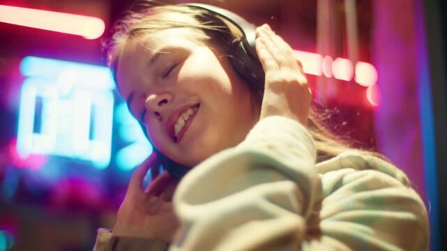 Positive Caucasian Asian teen child girl listening music headphones technology in city neon carefree schoolgirl kid dancing junior using wireless connection device teenager moving smiling enjoy song