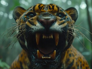 Close-up of a snarling clouded leopard in a rainforest.
