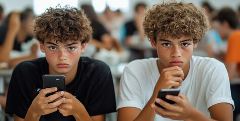 School Multiracial Teenage Students Engaged in Smartphones in Classroom Setting for Education and Social Interaction