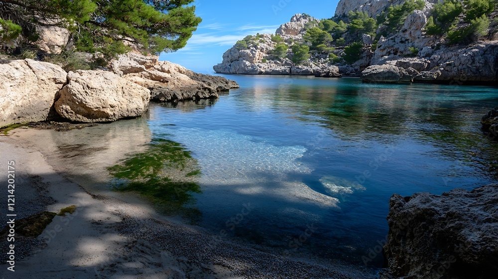 Poster tranquil coastal inlet with rugged rocks and clear blue waters under open sky : generative ai