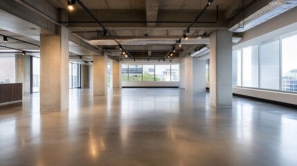 Naklejka premium Spacious Open Office Loft with Concrete Floors and Modern Industrial Lighting : Generative AI