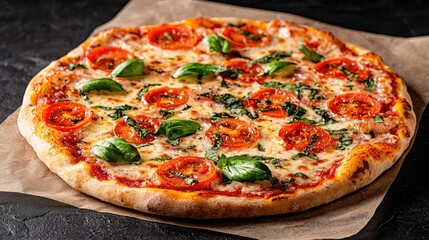 Delicious Margherita pizza on dark background, perfect for food blogs and restaurant menus