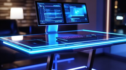 Fototapeta premium Futuristic computer desk featuring illuminated edges and dual monitors displaying code and data visualization, creating a high tech workspace in a dark room