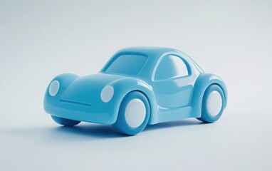 A 3D cartoon-style blue toy car on a white background. The car is designed with smooth, rounded features and a soft pastel blue color. 
