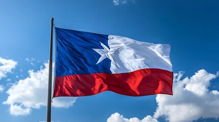 Naklejka premium Chilean National Flag Proudly Flies Against Clear Blue Sky Signifying Heritage and Unity : Generative AI