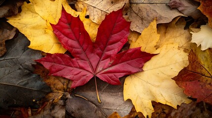 Vibrant red maple leaf amid autumn foliage in a stunning natural setting : Generative AI