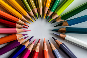 Naklejka premium Arrangement of colored pencils fanned out like a rainbow on a blank white canvas. Generative AI