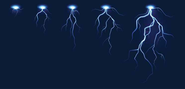 Lightning animation. Lightnings sprite sheet, thunderbolt purple strikes, realistic thunderstorm electric impact. Vector game fx animation storyboard isolated set.