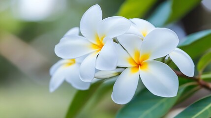 Fototapeta premium Closeup of vibrant white frangipani flowers with yellow centers against a blurred natural background : Generative AI