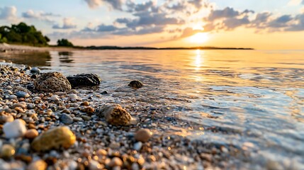 Sunset beach pebbles ocean calm water