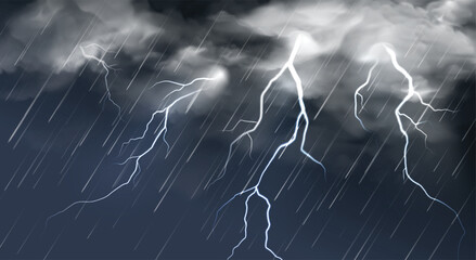 Realistic rain with lightning. Thunderclouds and lightnings on dark sky. Rainy thunderstorm autumn weather. Thunderbolts in overcast sky vector background.
