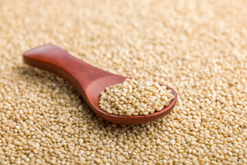 White uncooked quinoa seeds on wooden spoon.