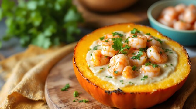 Camar&atilde;o na Moranga (Shrimp in Pumpkin) Served in a Roasted Pumpkin Shell (Bahian Cuisine)