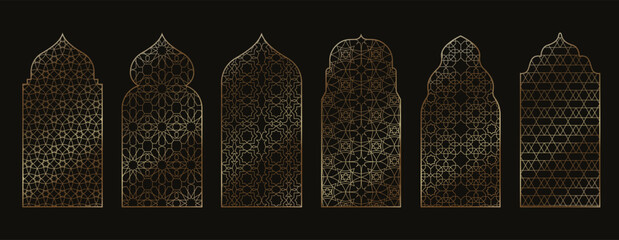 Ramadan islamic windows. Arabic golden mosque window with traditional Muslim oriental patterns, Ramadan Kareem gate doors. Vector retro architectural isolated set.