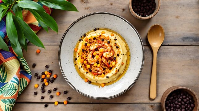 Abara (Steamed Black-Eyed Pea Pudding) Garnished with Dried Shrimp and Seasonings (Bahian Cuisine)