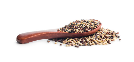 Mixed uncooked quinoa seeds in scoop isolated on white background.