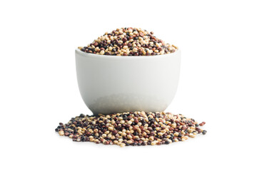 Mixed uncooked quinoa seeds in bowl isolated on white background.