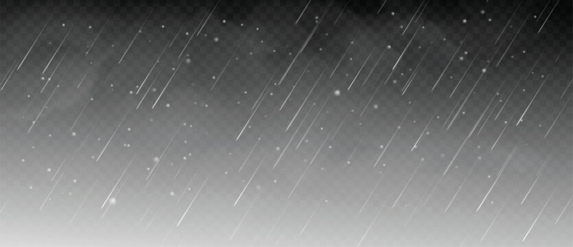Realistic rain and snow. Raindrops and snowflakes, snowy storm with rain. Downpour, hail rainy autumn and winter weather. Vector isolated rainfall texture.