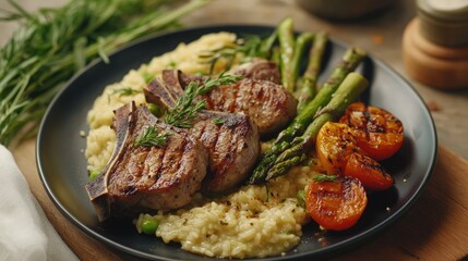 Fototapeta premium grilled lamb chops with creamy risotto and charred asparagus, dinner plate with tender meat and fresh vegetables