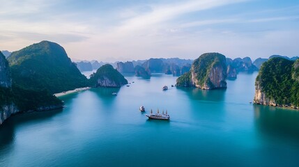 Aerial Panorama of Azure Waters and Limestone Islands in Idyllic Seascape : Generative AI