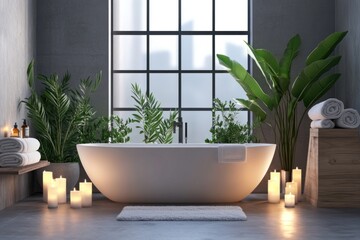 Fototapeta premium Modern bathroom, bathtub, plants, candles, city view, relaxation