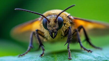 Naklejka premium Extreme CloseUp of Brown Flying Insect with Big Eyes on Green Background : Generative AI