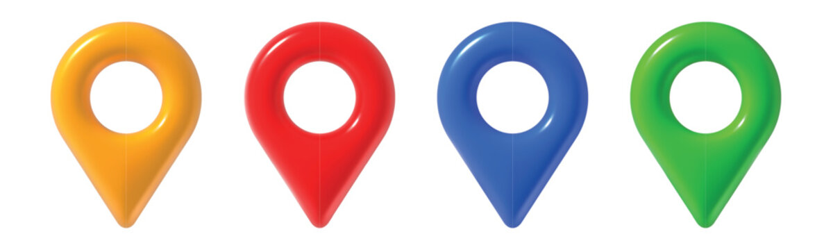 3d map pins. Realistic geo tag red, blue and yellow, green color pin for map, front view. Travel app navigation gps location vector isolated icons set.