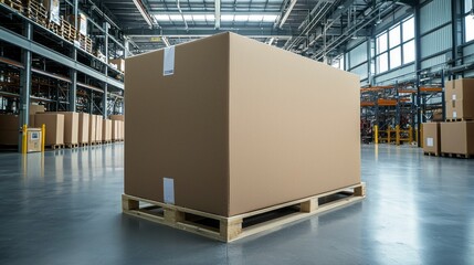 In a vast industrial warehouse, a large cardboard box is securely placed on a wooden pallet